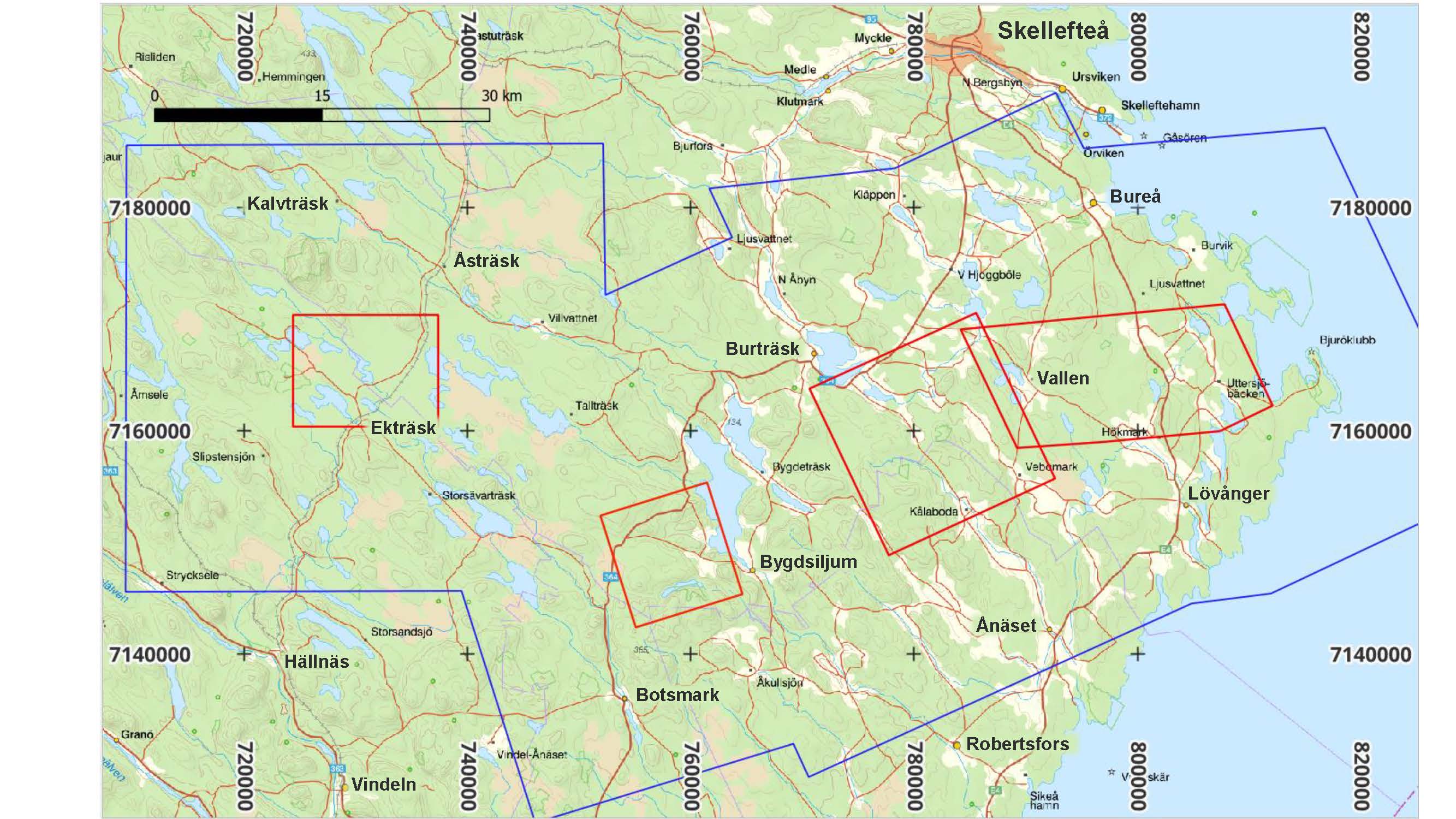 Kartbild över Västerbotten med röda och blå markeringar.